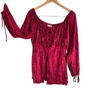 Large Vintage Le Château 1990s Red Crushed Velvet Off-Shoulder Tunic Top